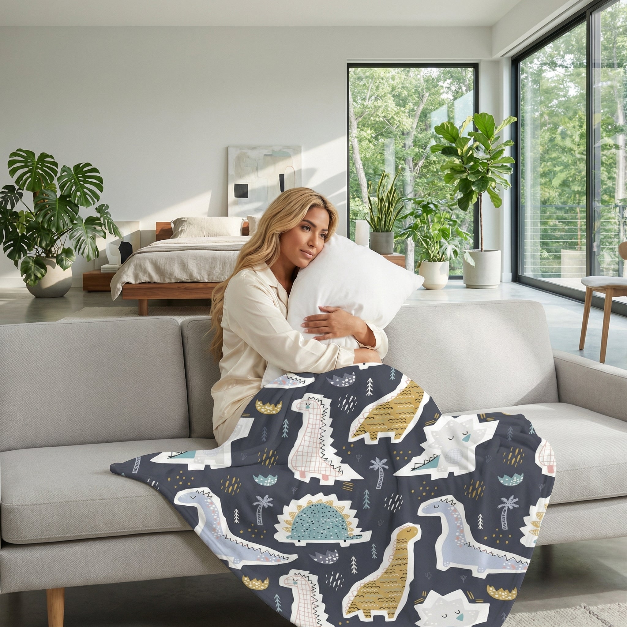 Woman on a sofa with a soft flannel fleece throw blanket featuring a vibrant dinosaur design.