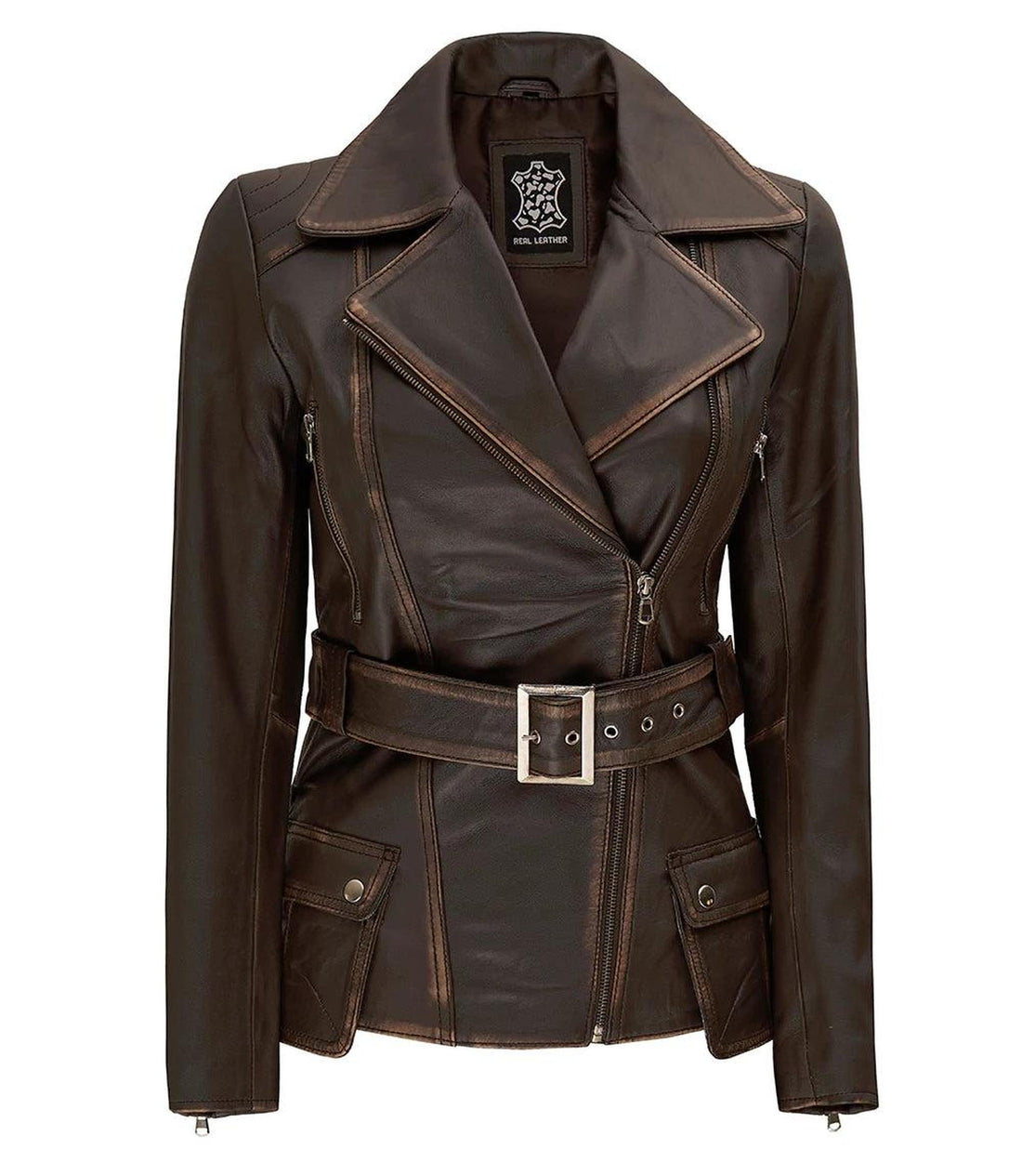 Distressed Brown Asymmetrical Leather Jacket for Women 1