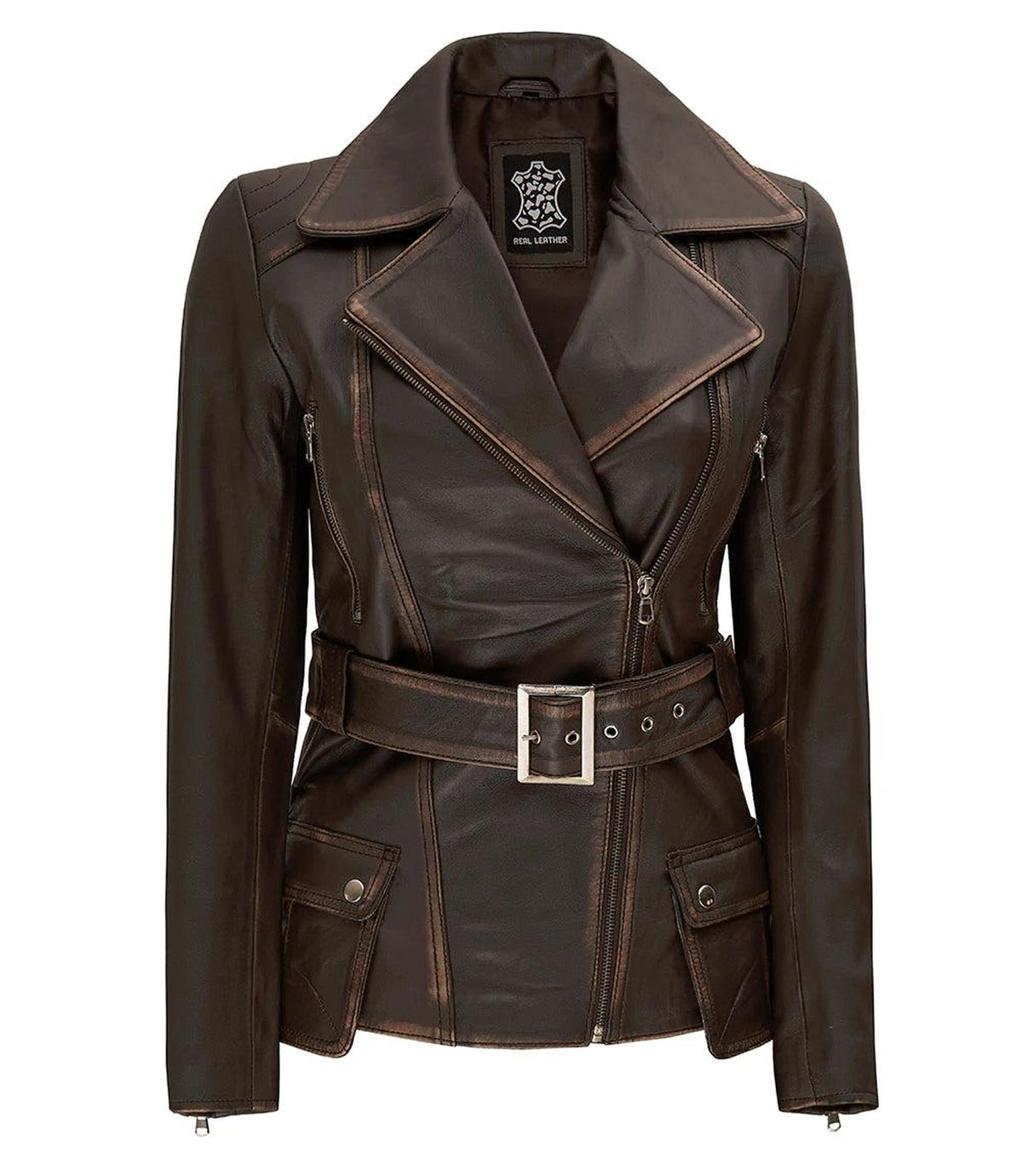 Distressed Brown Asymmetrical Leather Jacket for Women 2