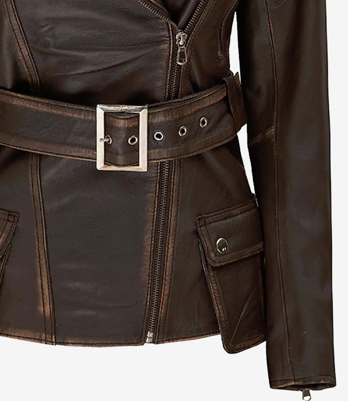 Distressed Brown Asymmetrical Leather Jacket for Women 4