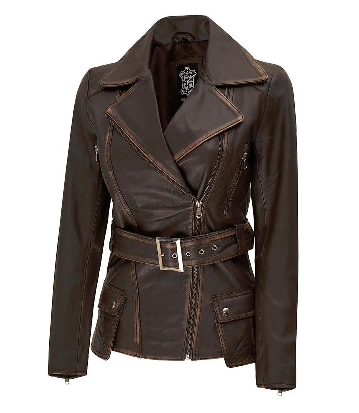 Distressed Brown Asymmetrical Leather Jacket for Women 1