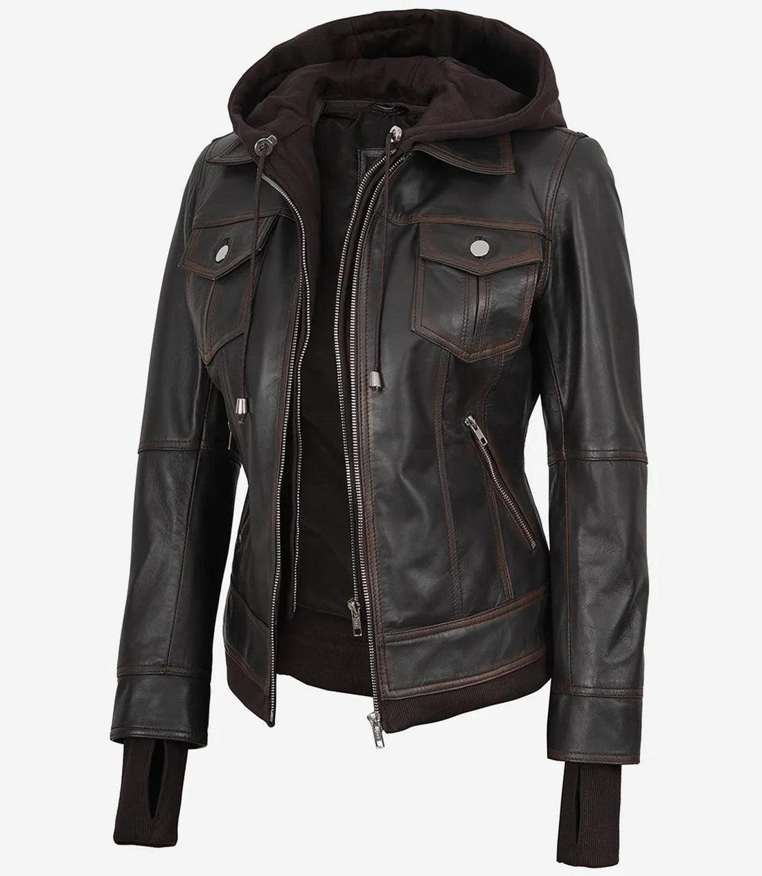 Distressed Brown Bomber Leather Jacket with Removable Hood-Leather Jackets-Glompi-XS-Glompi