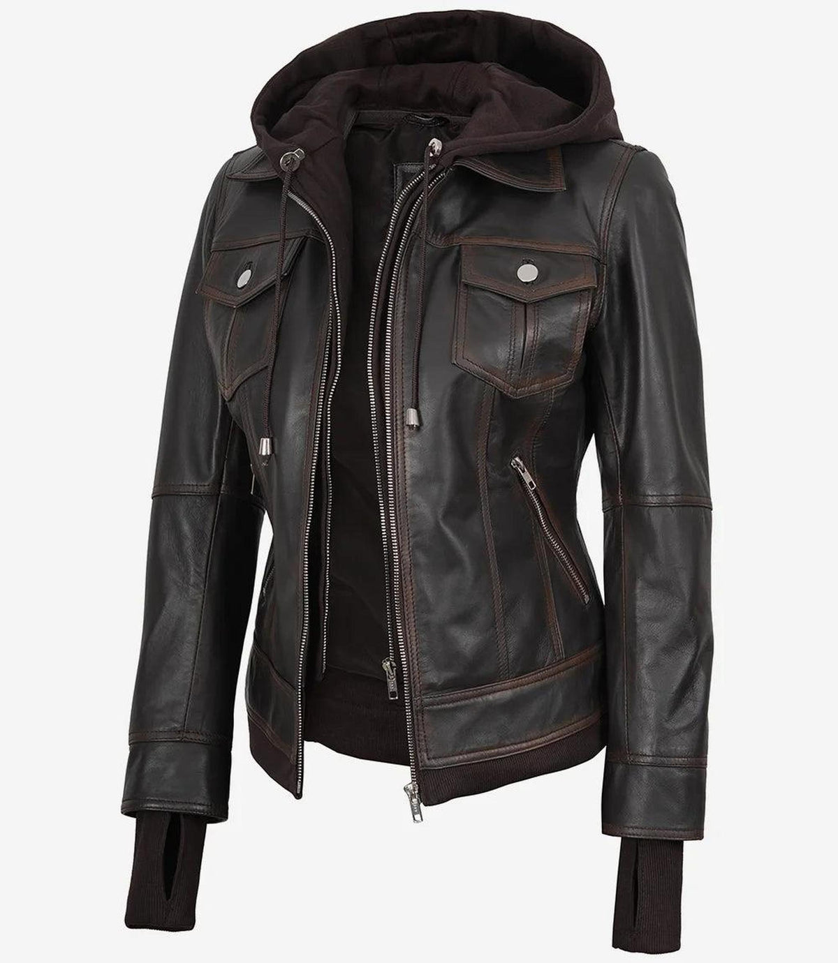 Distressed Brown Bomber Leather Jacket with Removable Hood-Leather Jackets-Glompi-Glompi