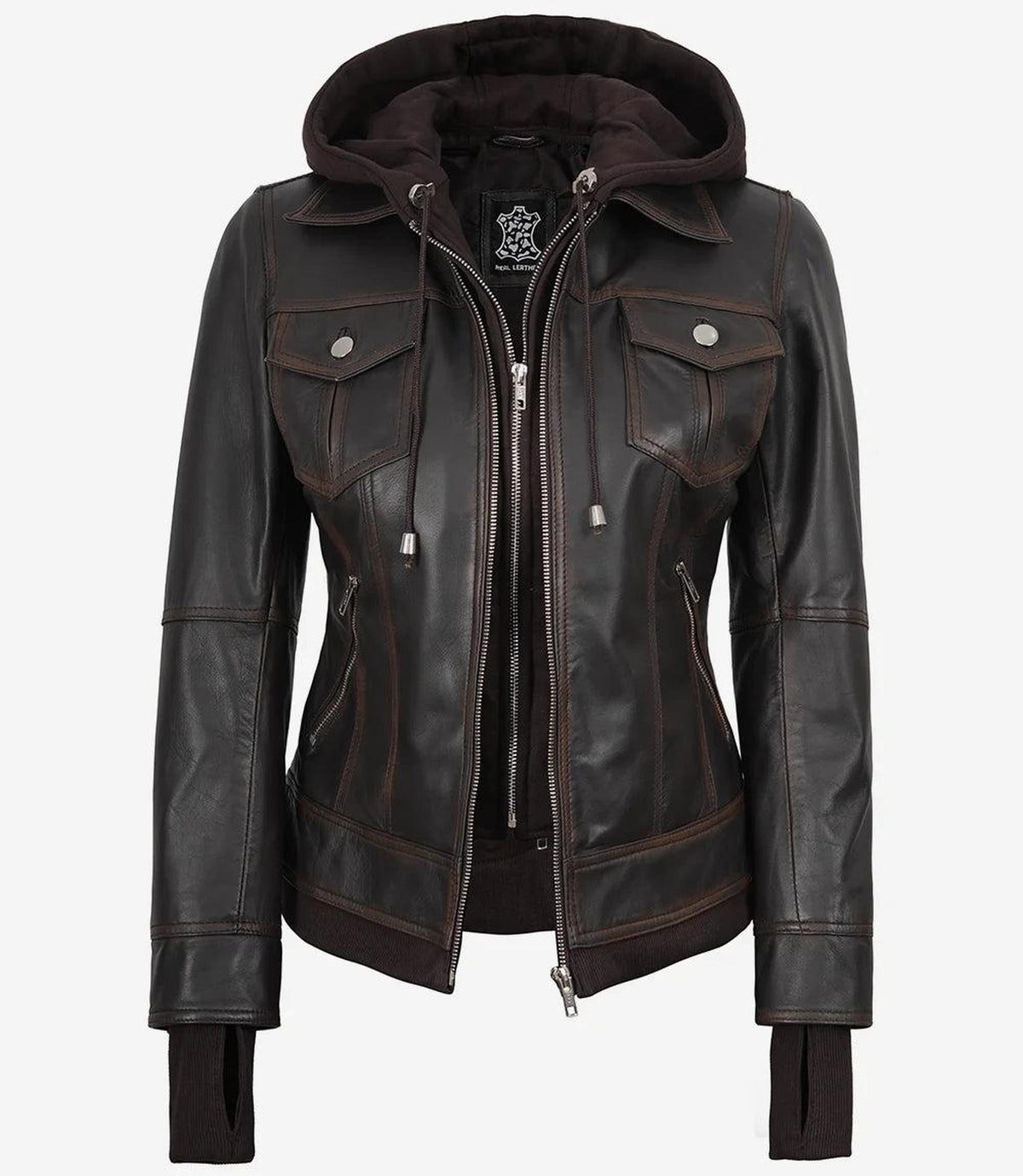 Distressed Brown Bomber Leather Jacket with Removable Hood-Leather Jackets-Glompi-Glompi