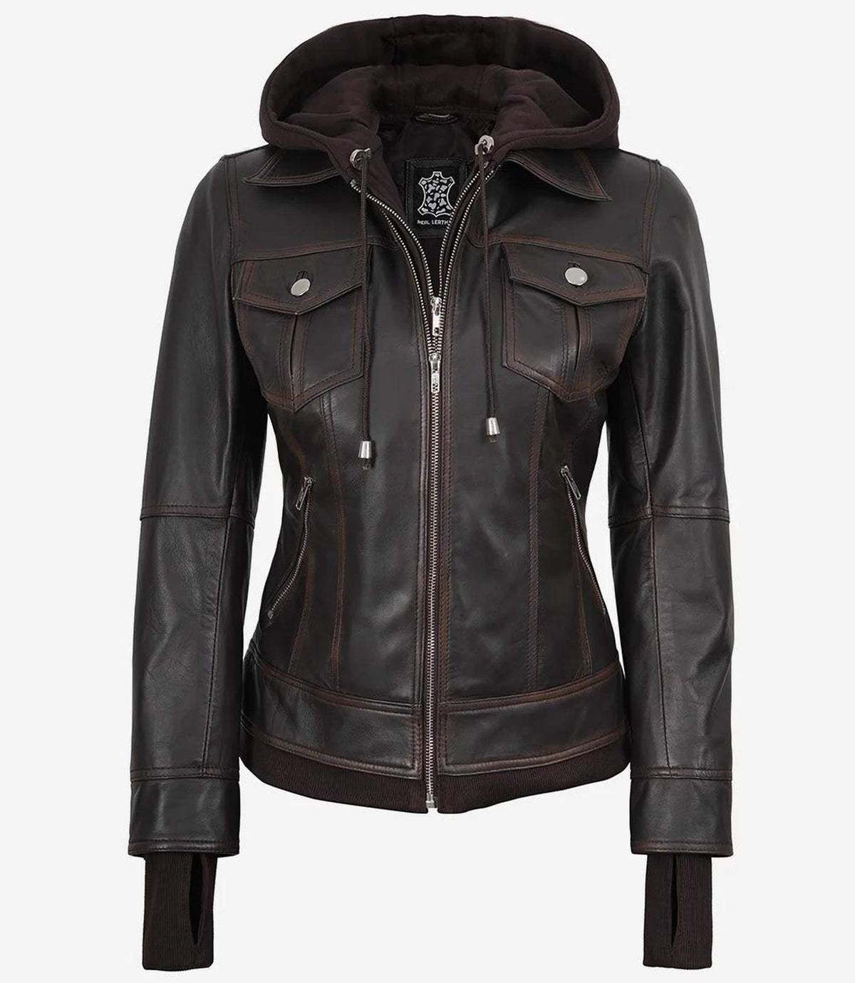 Distressed Brown Bomber Leather Jacket with Removable Hood-Leather Jackets-Glompi-Glompi
