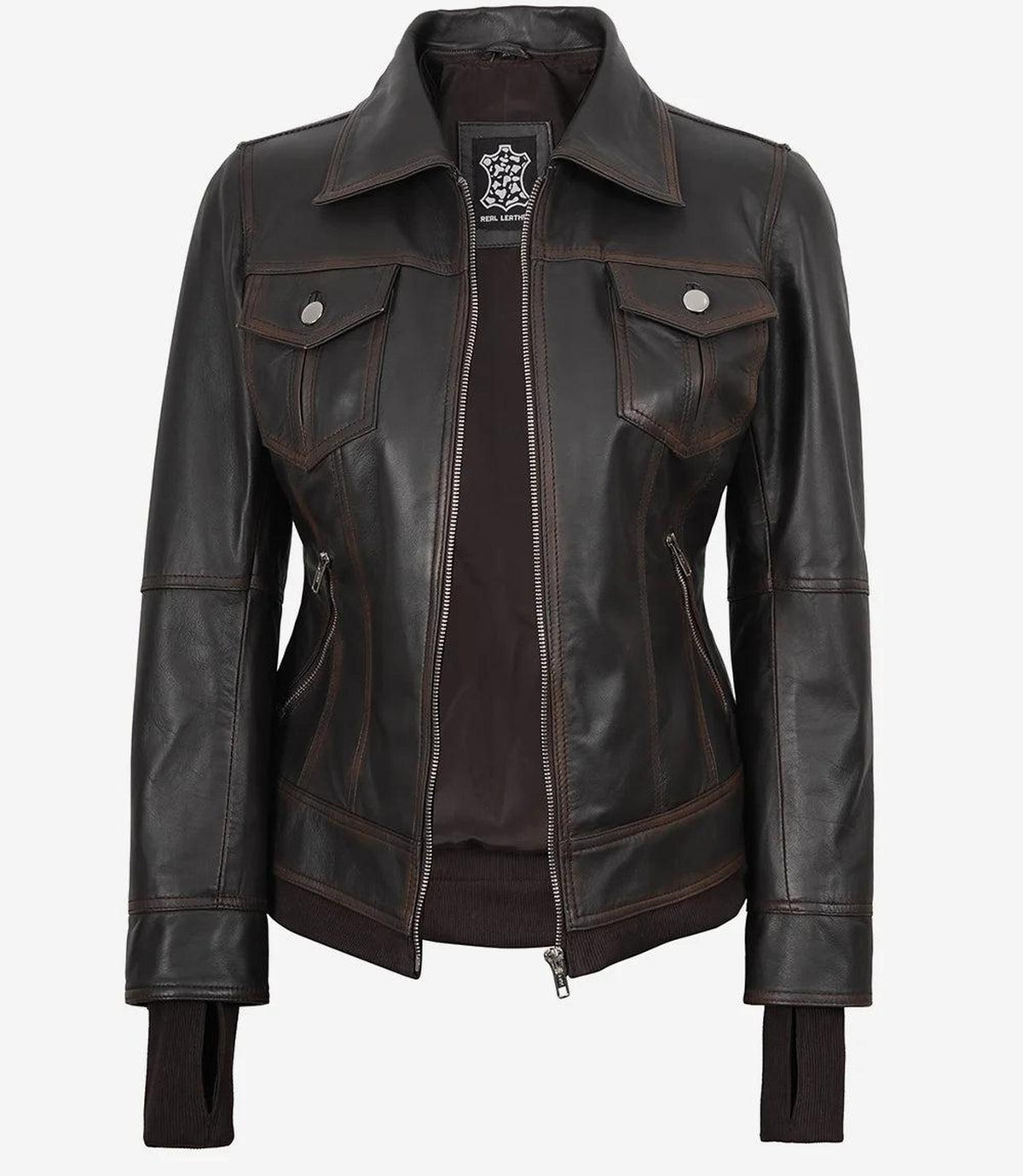 Distressed Brown Bomber Leather Jacket with Removable Hood-Leather Jackets-Glompi-Glompi