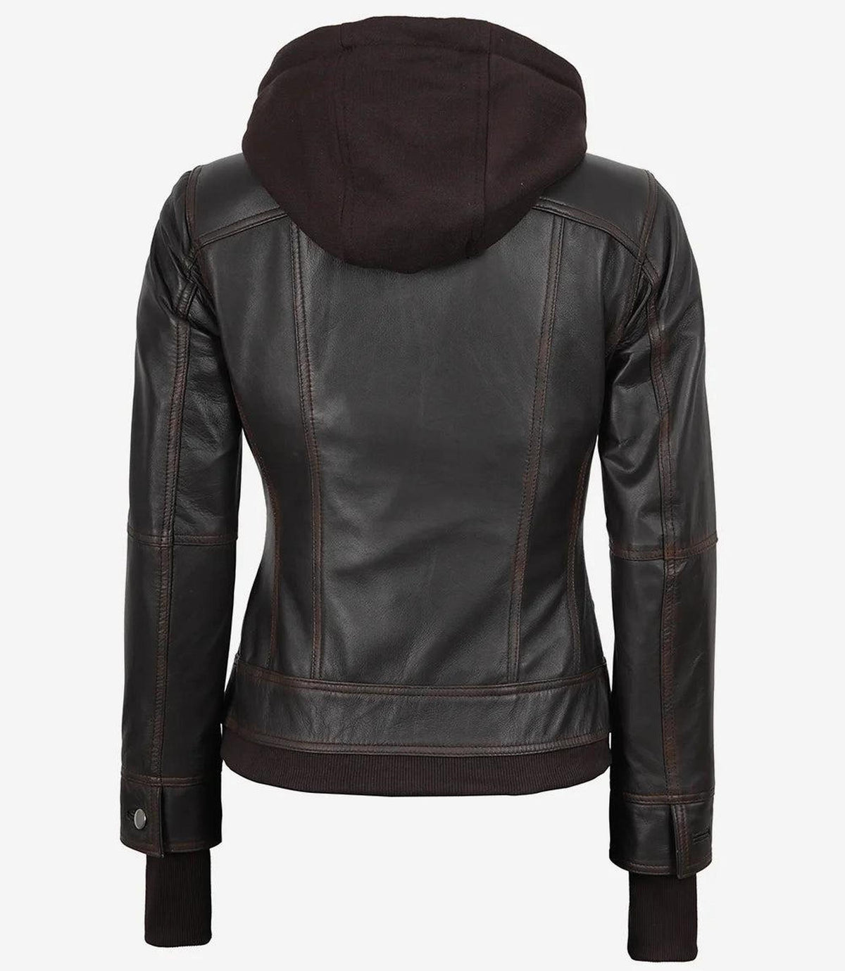 Distressed Brown Bomber Leather Jacket with Removable Hood-Leather Jackets-Glompi-Glompi