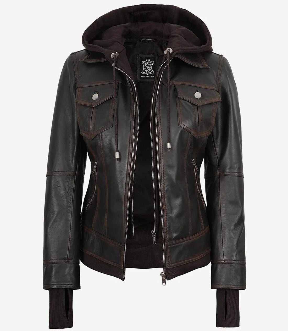 Distressed Brown Bomber Leather Jacket with Removable Hood-Leather Jackets-Glompi-XS-Glompi