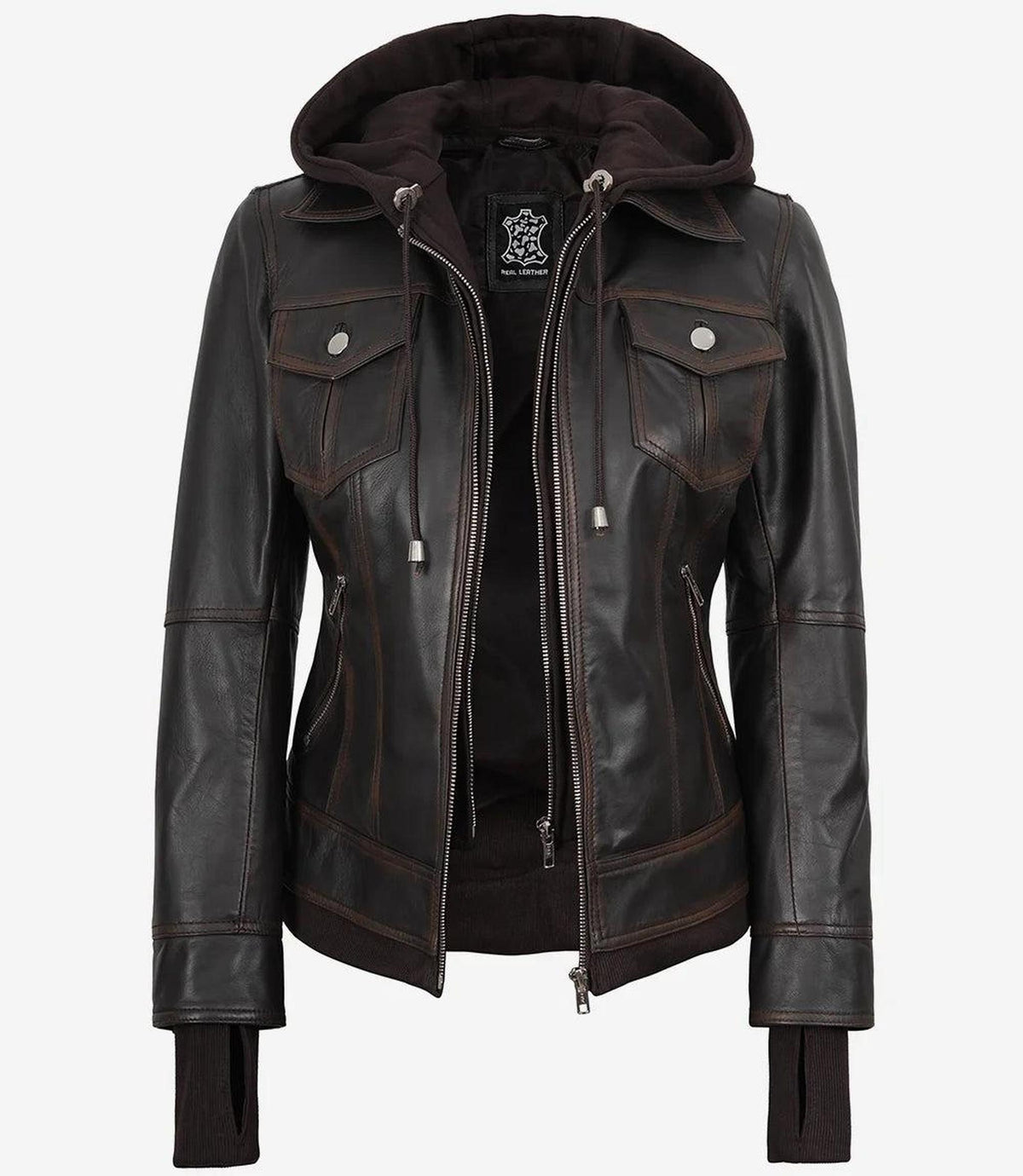 Distressed Brown Bomber Leather Jacket with Removable Hood-Leather Jackets-Glompi-XS-Glompi