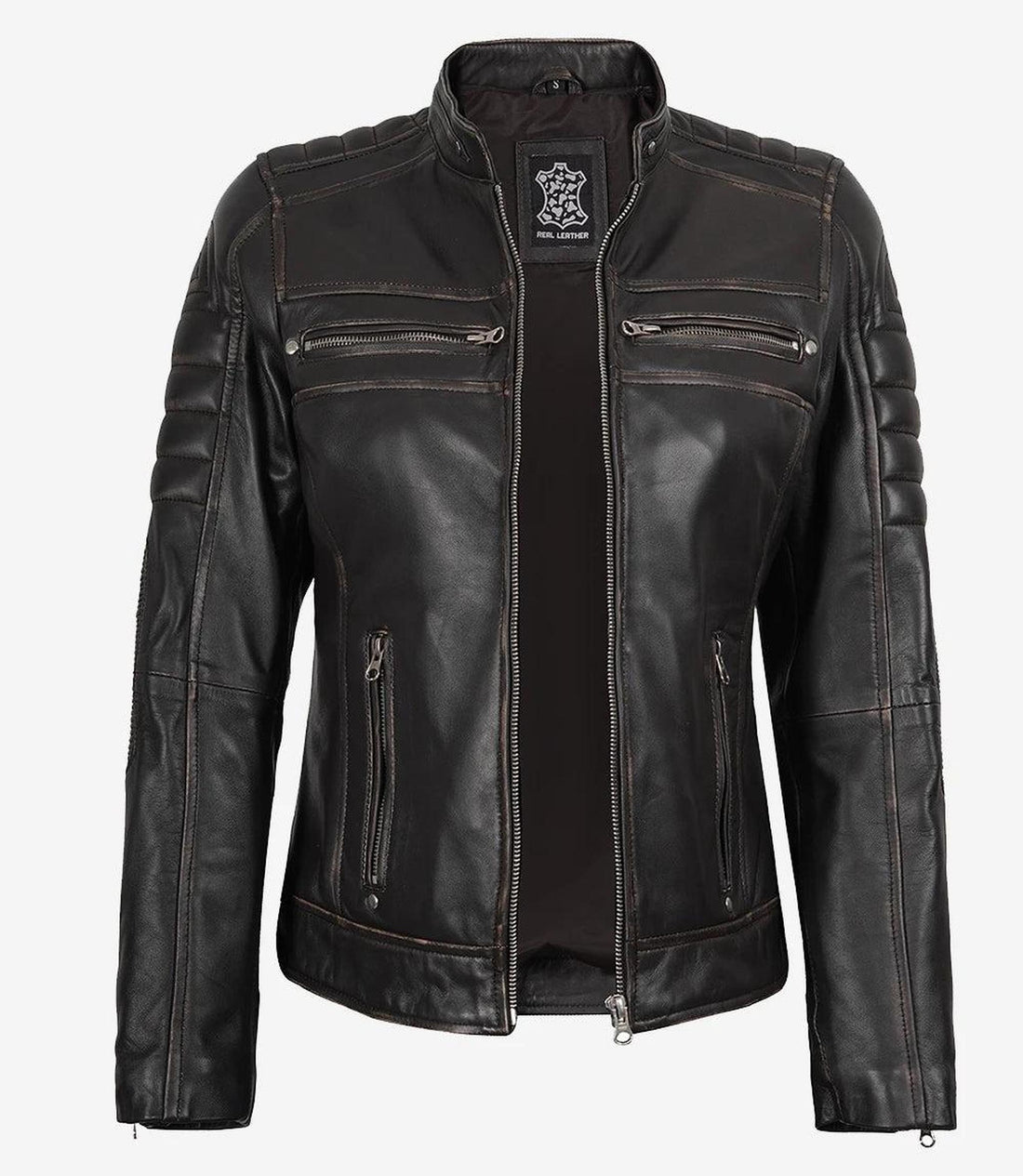Distressed Brown Cafe Racer Leather Jacket for Women-Leather Jackets-Glompi-XS-Glompi