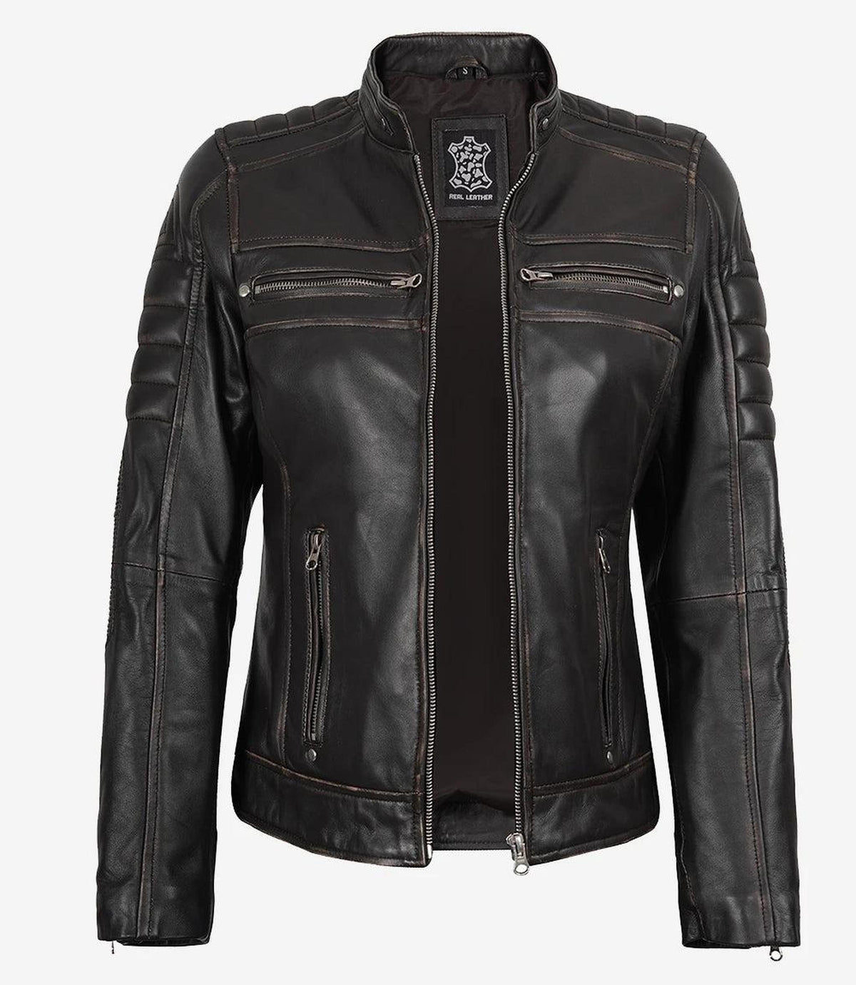 Distressed Brown Cafe Racer Leather Jacket for Women-Leather Jackets-Glompi-Glompi