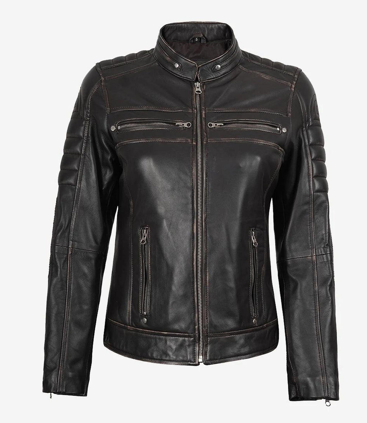 Distressed Brown Cafe Racer Leather Jacket for Women-Leather Jackets-Glompi-Glompi