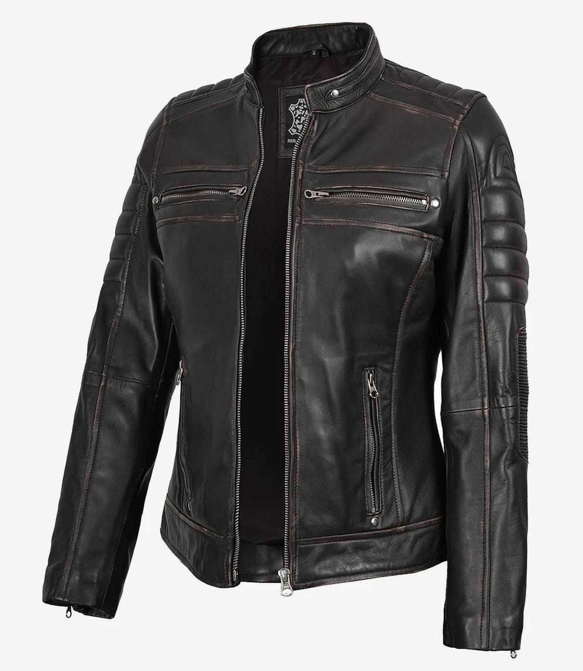Distressed Brown Cafe Racer Leather Jacket for Women-Leather Jackets-Glompi-XS-Glompi