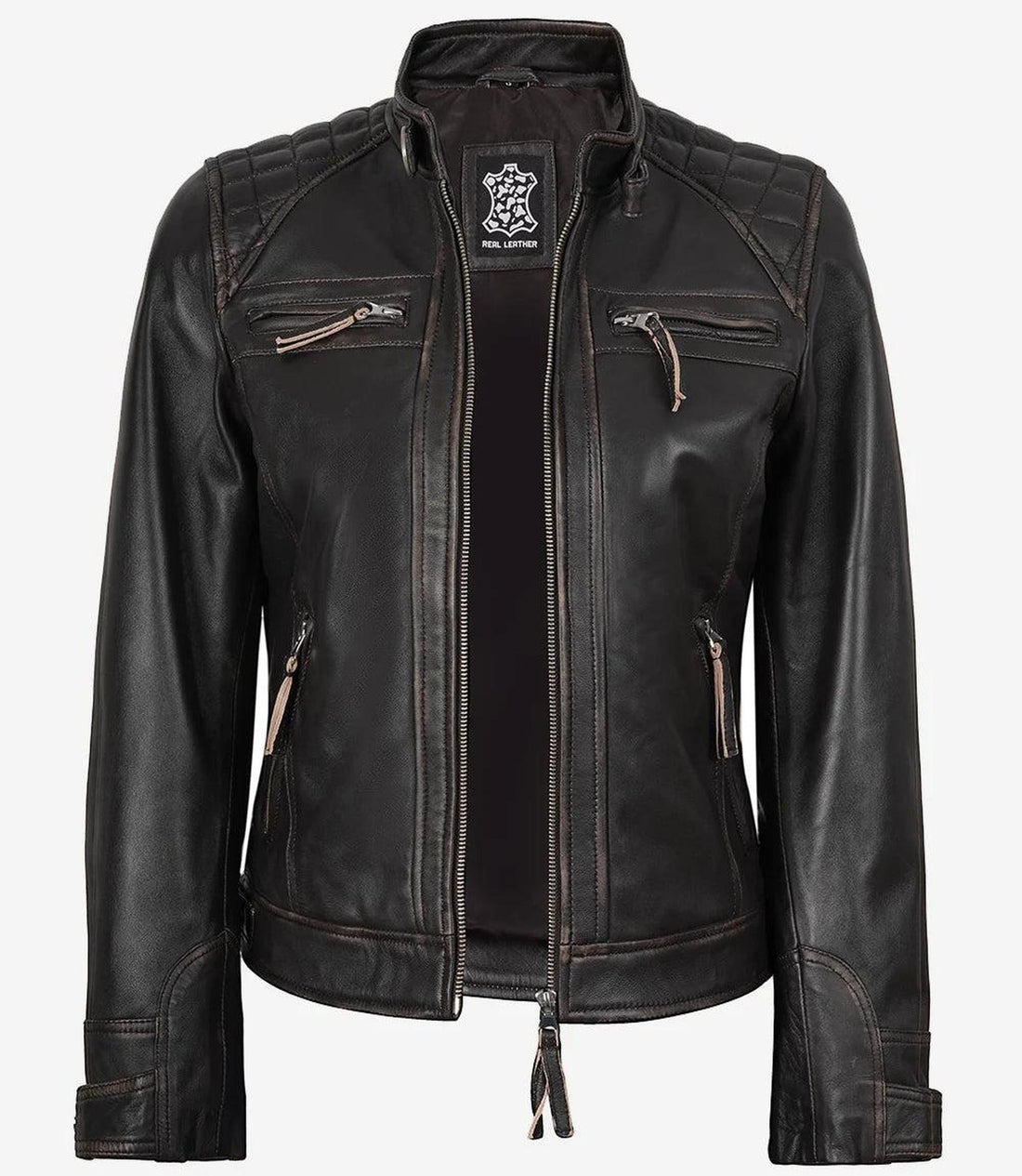 Distressed Brown Lambskin Biker Jacket for Women-Leather Jackets-Glompi-XS-Glompi