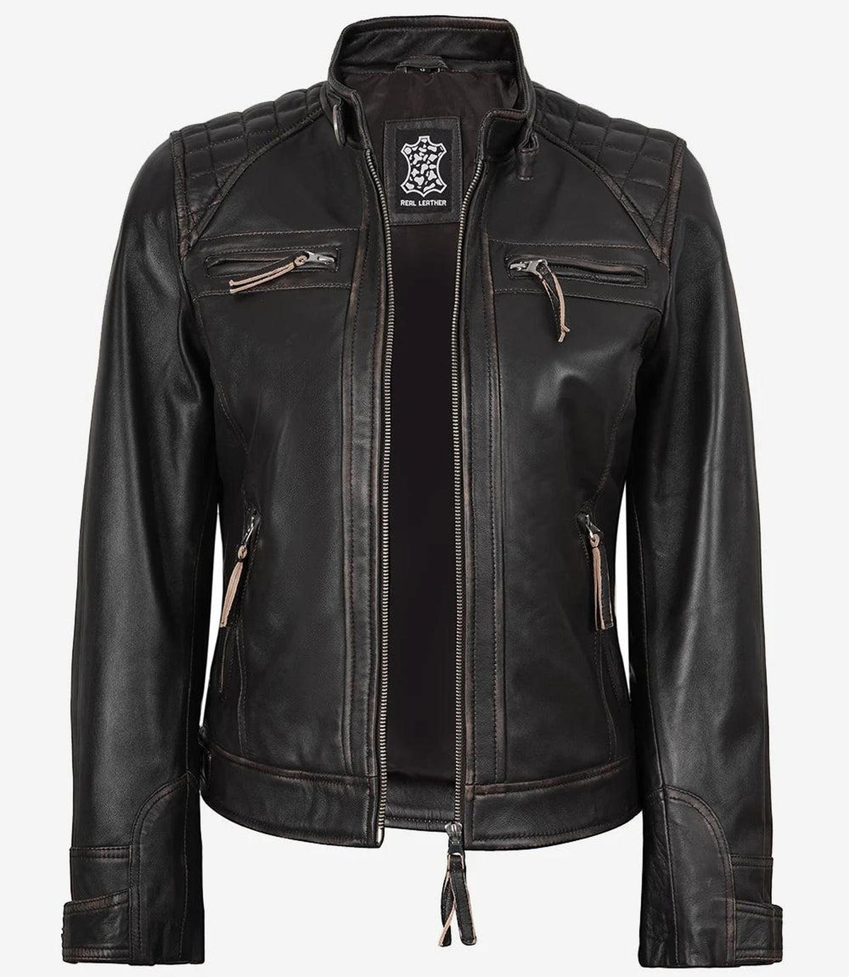 Distressed Brown Lambskin Biker Jacket for Women-Leather Jackets-Glompi-Glompi