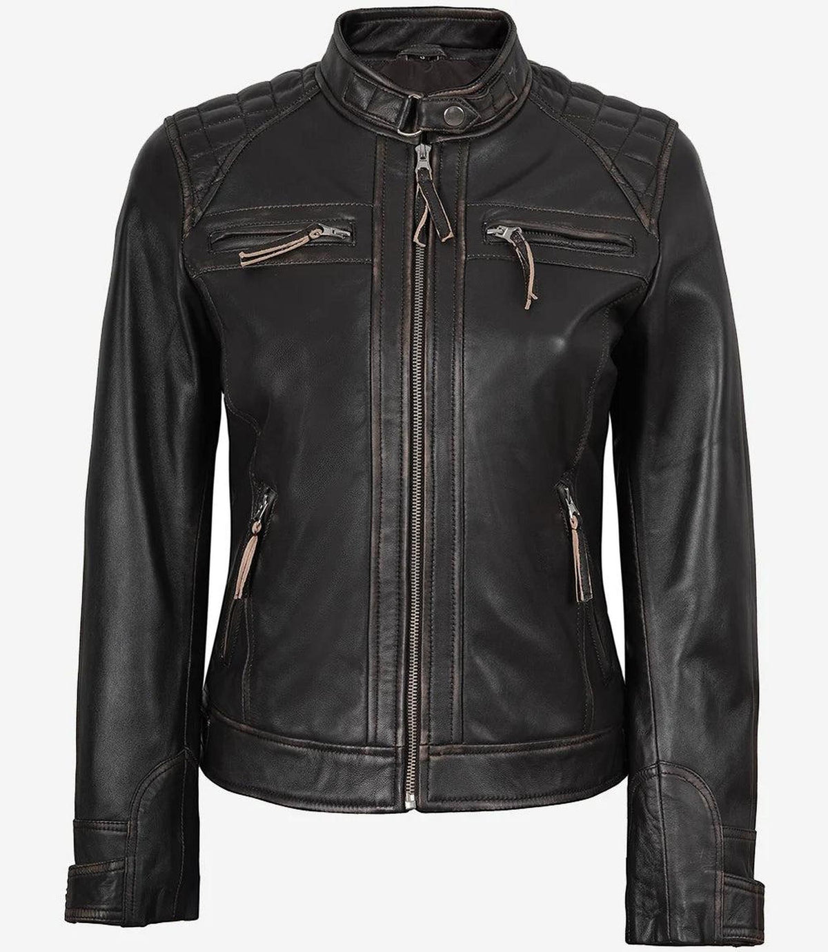 Distressed Brown Lambskin Biker Jacket for Women-Leather Jackets-Glompi-Glompi
