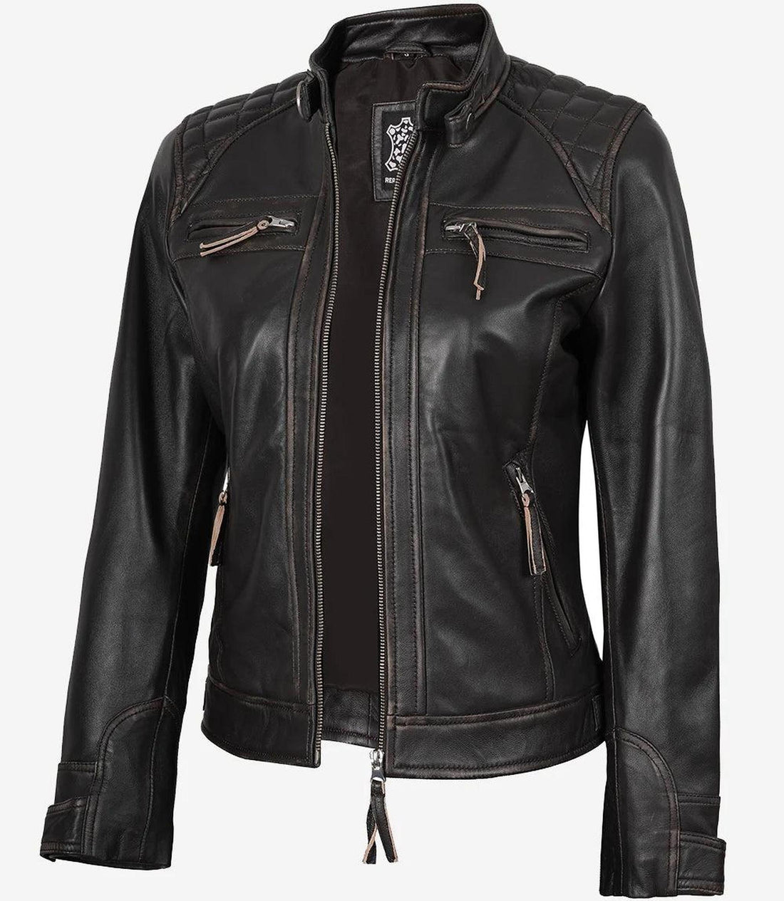 Distressed Brown Lambskin Biker Jacket for Women-Leather Jackets-Glompi-XS-Glompi