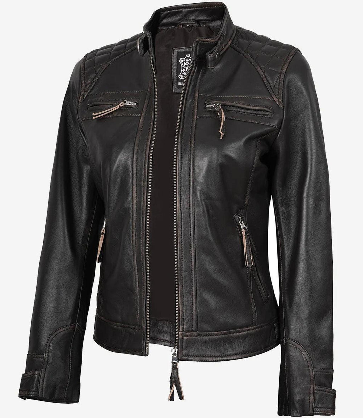 Distressed Brown Lambskin Biker Jacket for Women-Leather Jackets-Glompi-XS-Glompi