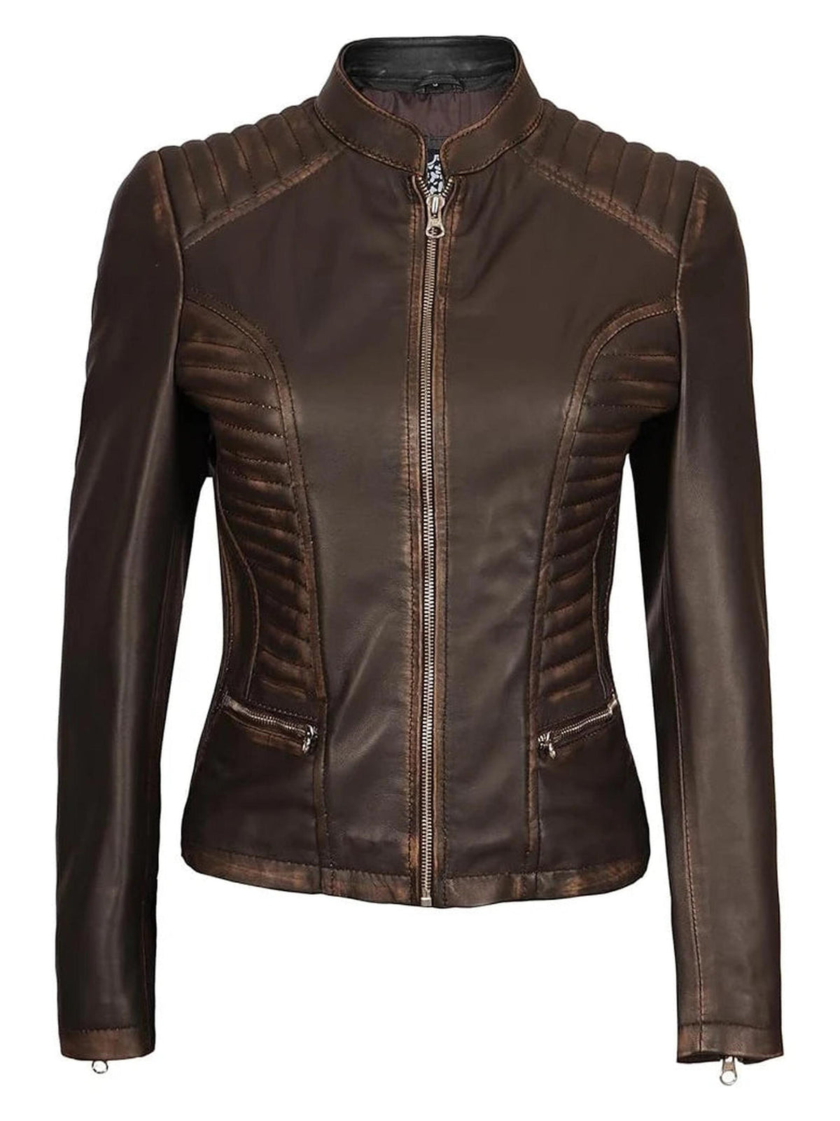 Distressed Brown Leather Biker Jacket for Women-Leather Jackets-Glompi-Glompi