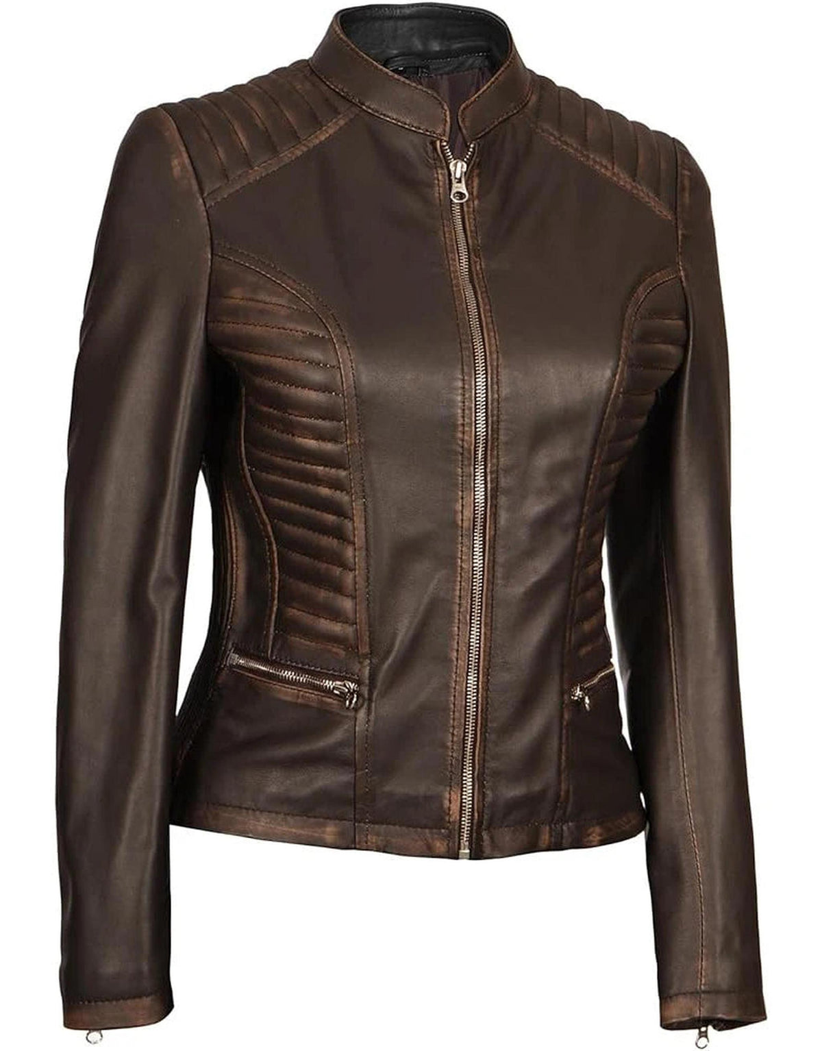 Distressed Brown Leather Biker Jacket for Women-Leather Jackets-Glompi-Glompi