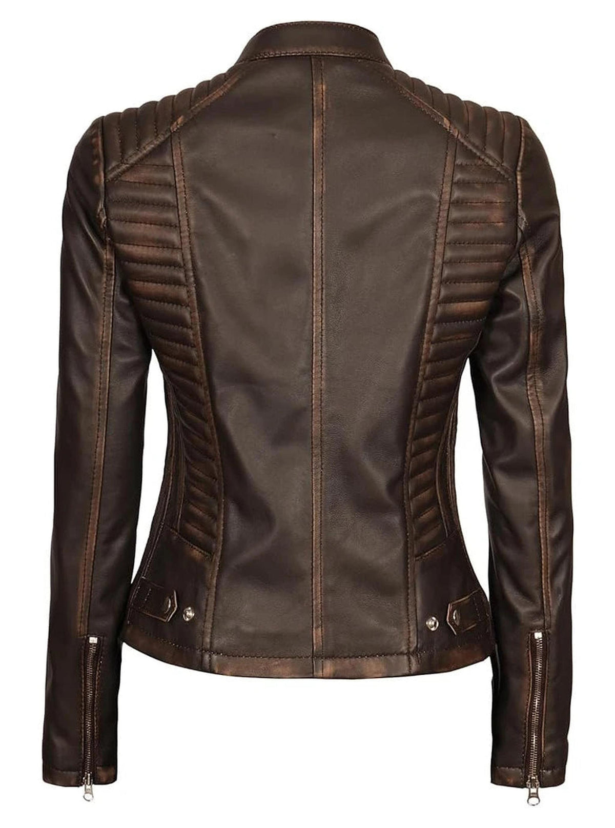 Distressed Brown Leather Biker Jacket for Women-Leather Jackets-Glompi-Glompi