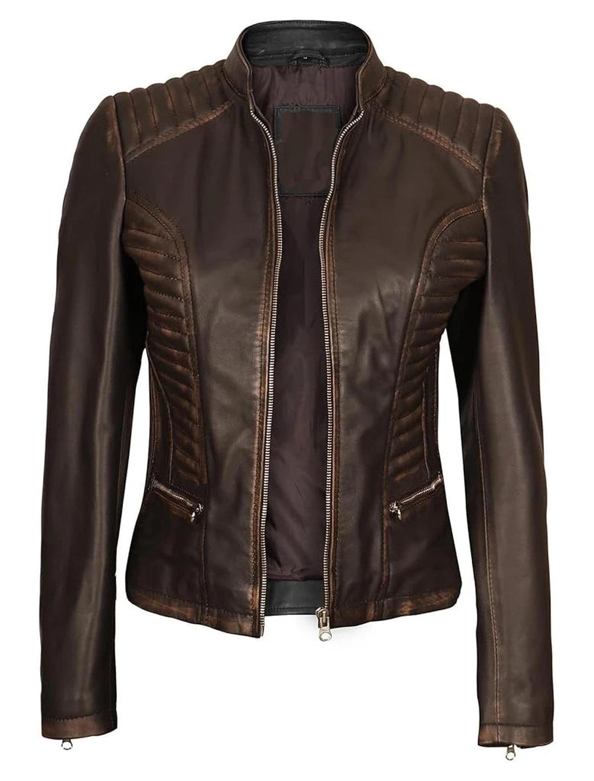 Distressed Brown Leather Biker Jacket for Women-Leather Jackets-Glompi-Brown-XS-Glompi