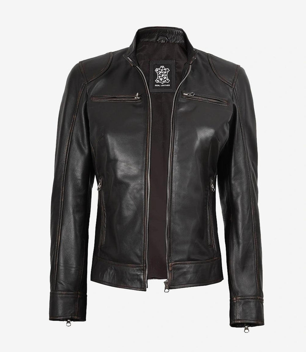 Distressed Brown Leather Jacket for Women in Biker Style-Leather Jackets-Glompi-Glompi