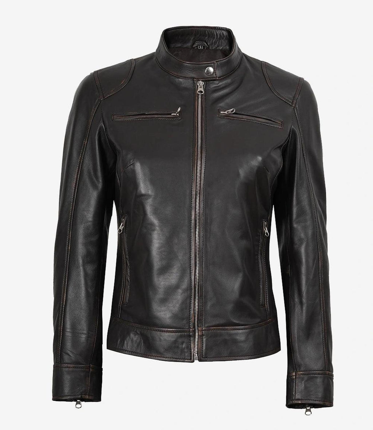 Distressed Brown Leather Jacket for Women in Biker Style-Leather Jackets-Glompi-Glompi