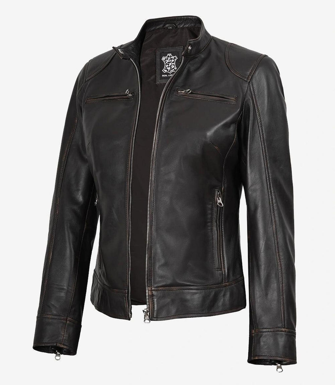 Distressed Brown Leather Jacket for Women in Biker Style-Leather Jackets-Glompi-XS-Glompi