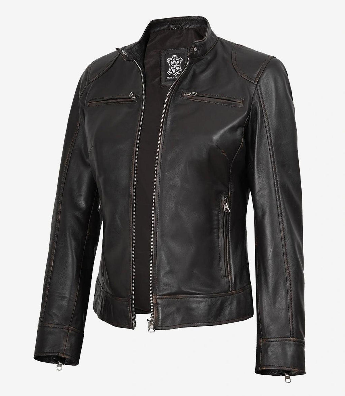 Distressed Brown Leather Jacket for Women in Biker Style-Leather Jackets-Glompi-XS-Glompi