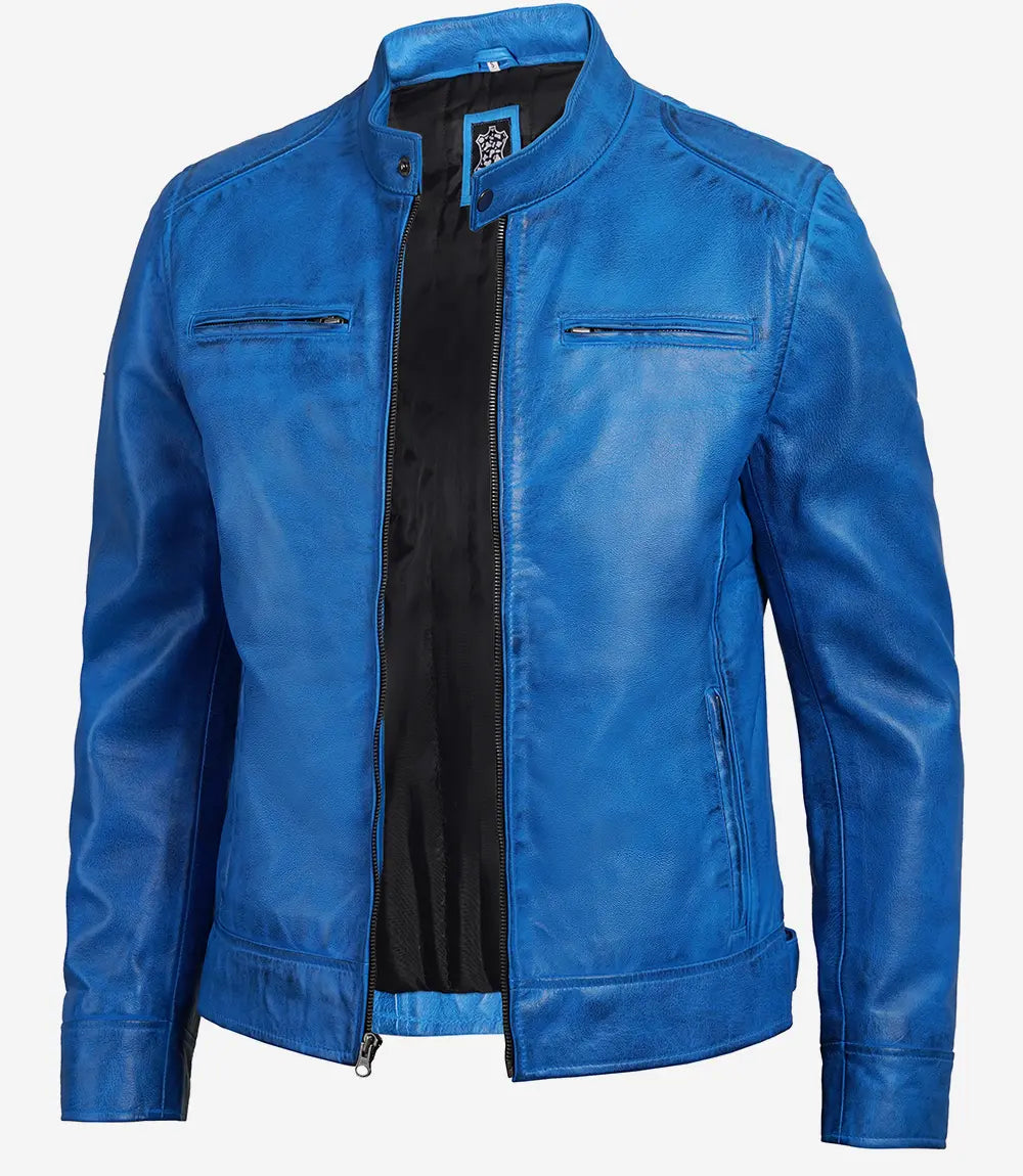 Distressed Blue Leather Cafe Racer Jacket for Men 0