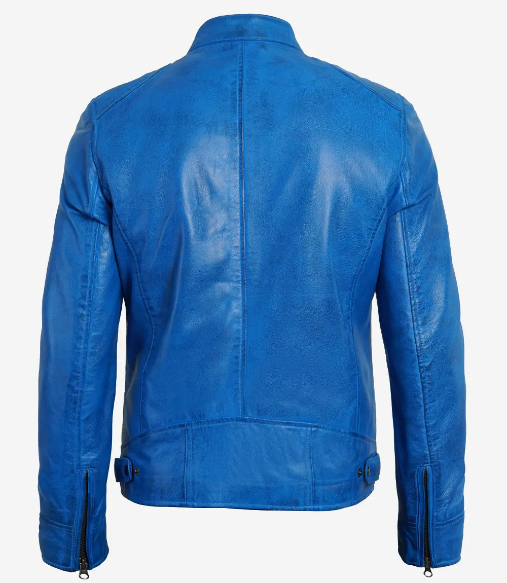 Distressed Blue Leather Cafe Racer Jacket for Men 1
