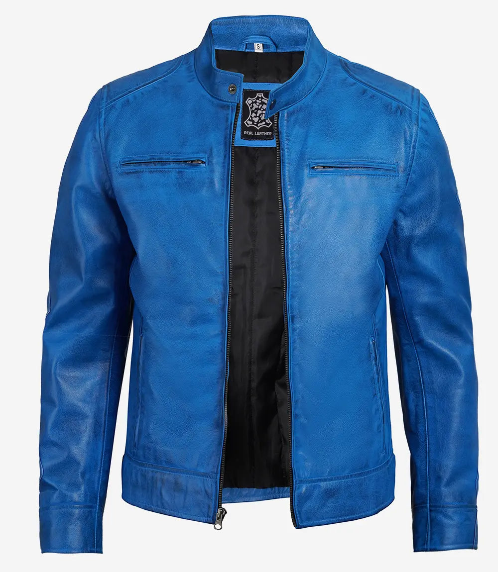 Distressed Blue Leather Cafe Racer Jacket for Men 2
