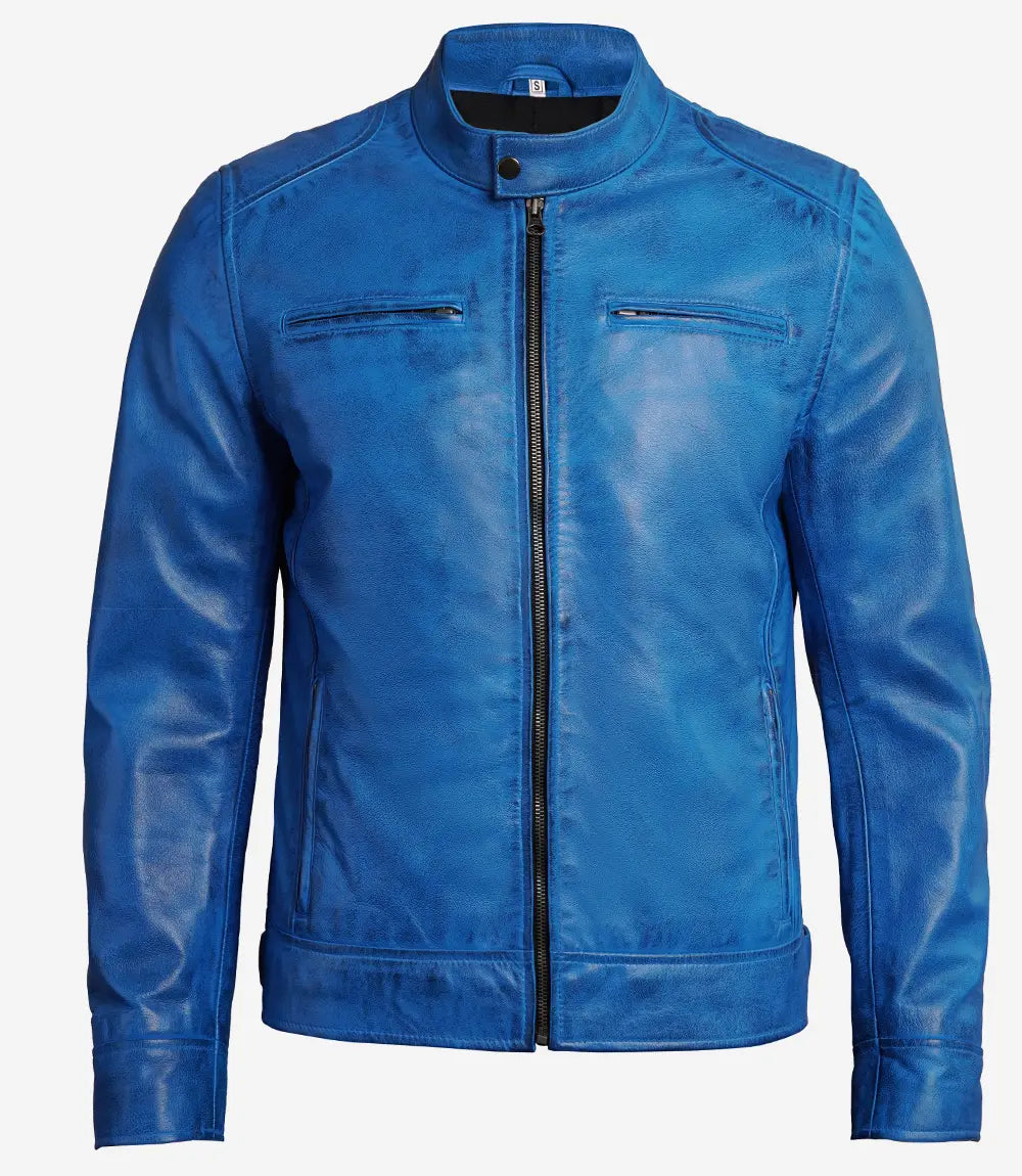 Distressed Blue Leather Cafe Racer Jacket for Men 3