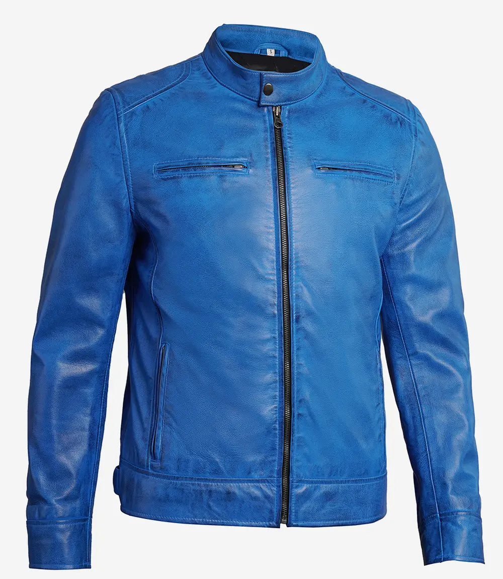 Distressed Blue Leather Cafe Racer Jacket for Men 4