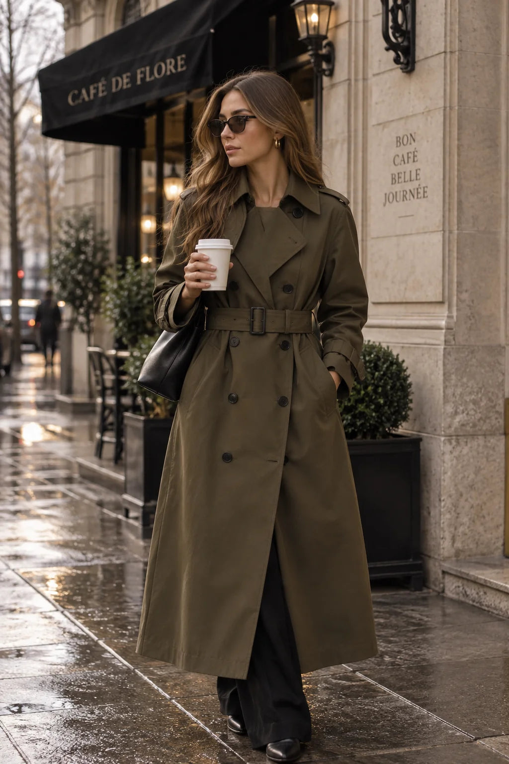 Double-Breasted Black Trench Coat for Women with Adjustable Belt 2