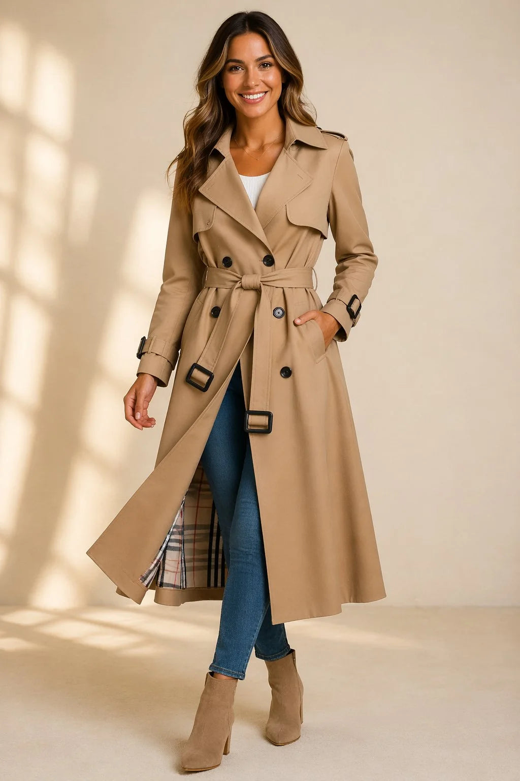 Double Breasted Long Trench Coat with Check Lining 1