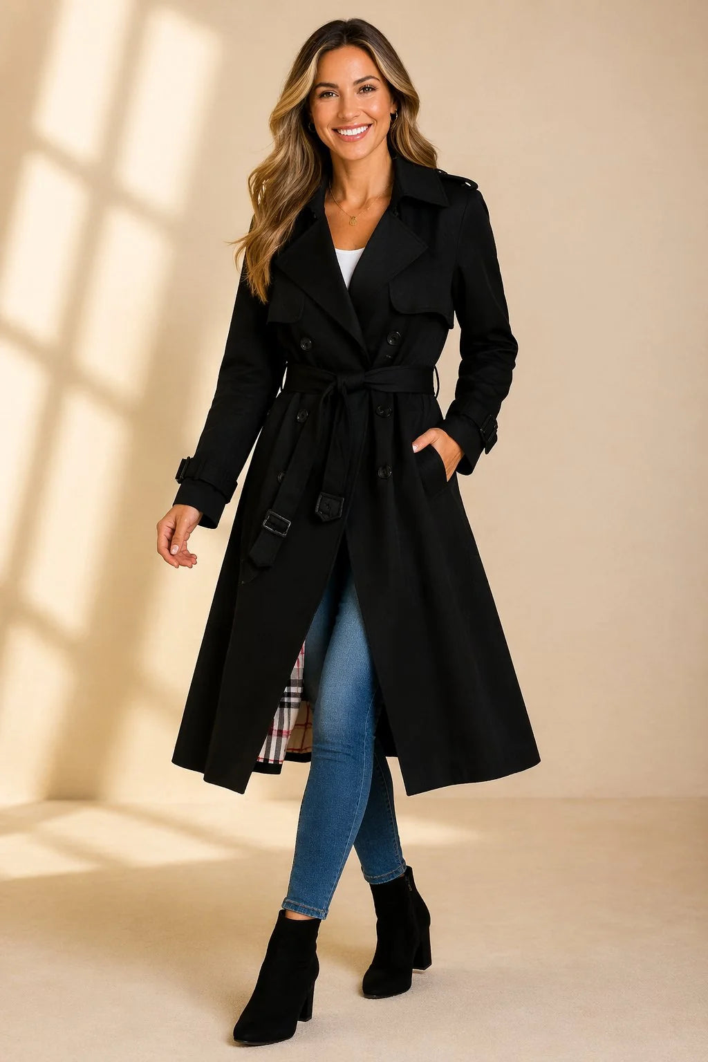 Double Breasted Long Trench Coat with Check Lining 0