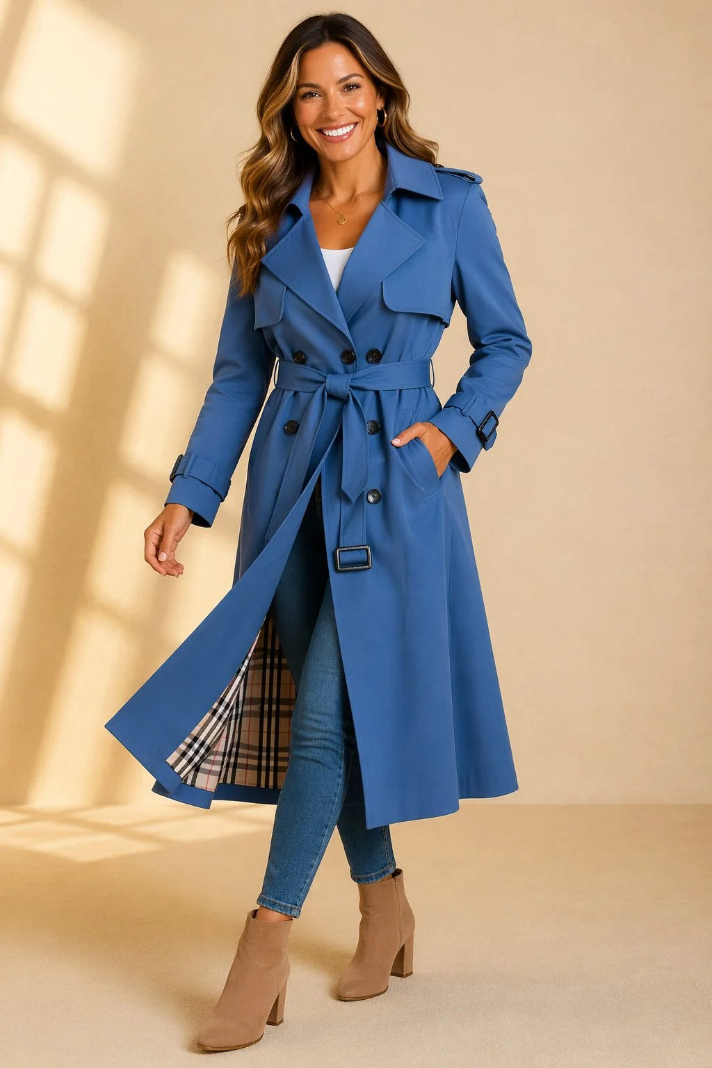 Double Breasted Long Trench Coat with Check Lining 3