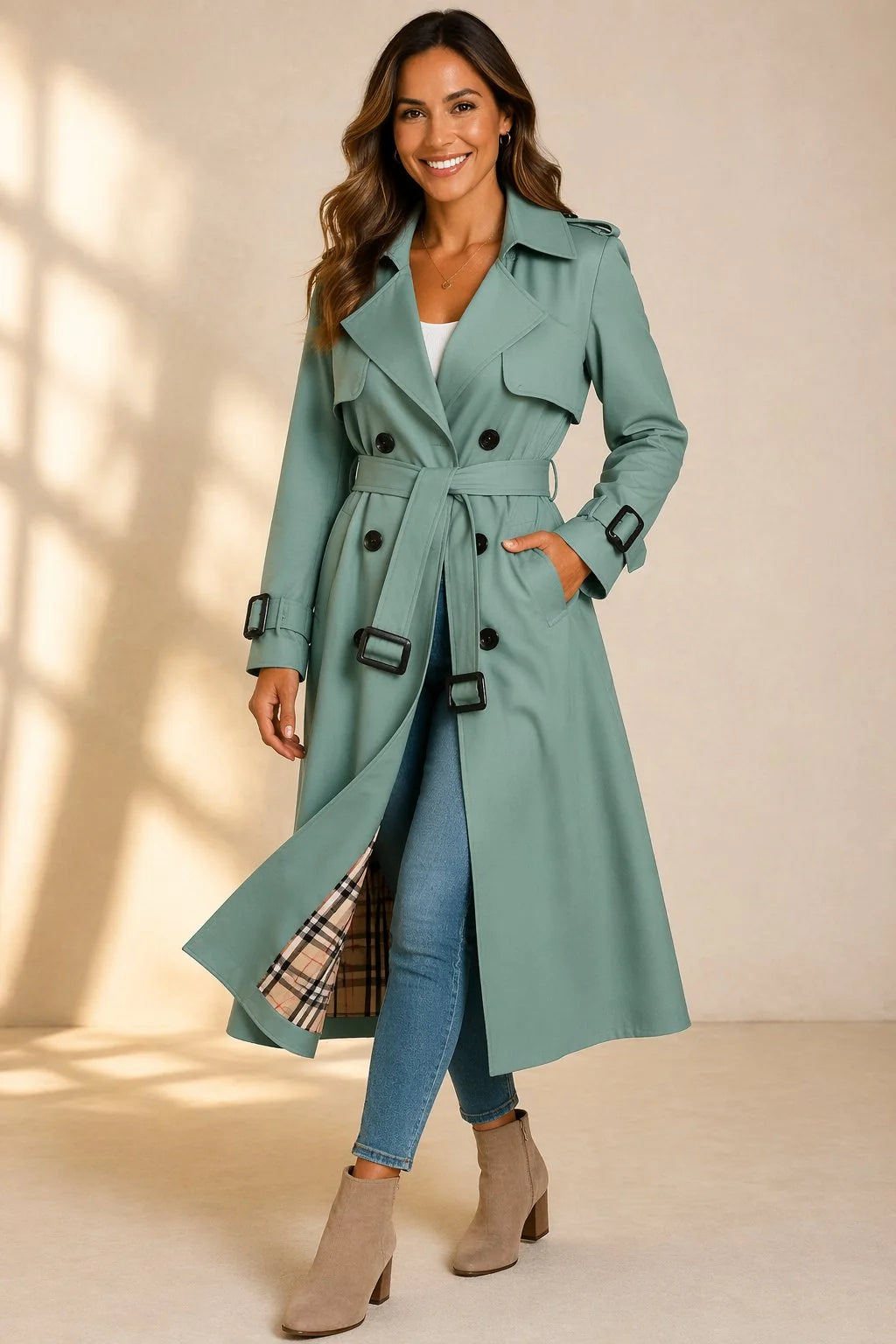 Double Breasted Long Trench Coat with Check Lining 4