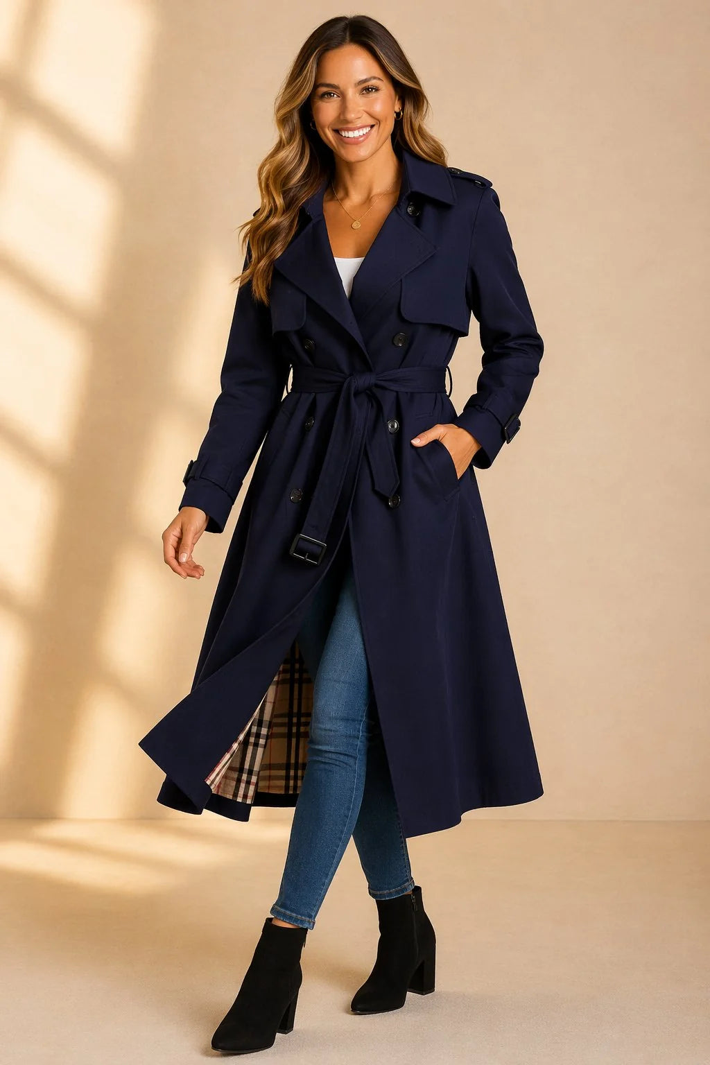 Double Breasted Long Trench Coat with Check Lining 2