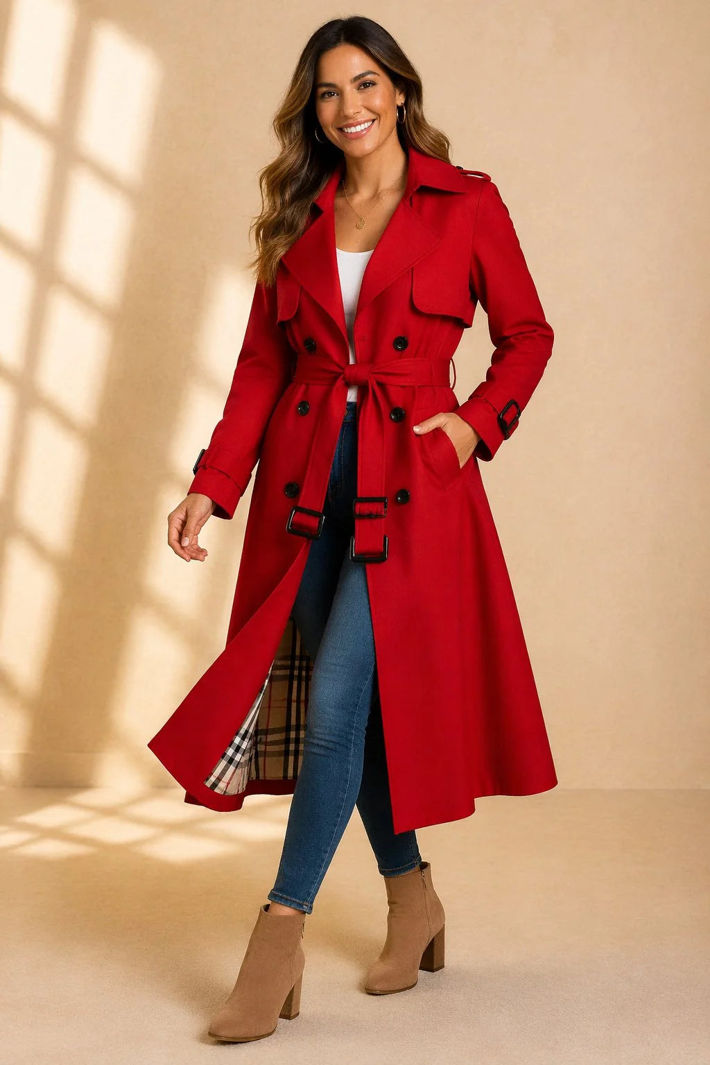 Double Breasted Long Trench Coat with Check Lining 5