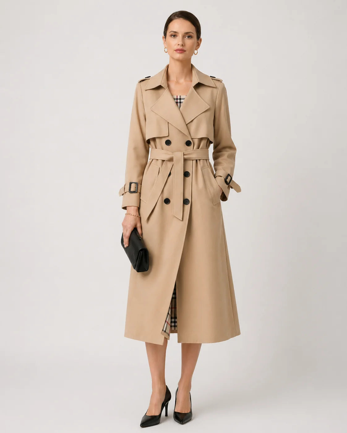 Double Breasted Trench Coat with Check Lining and Belt 1