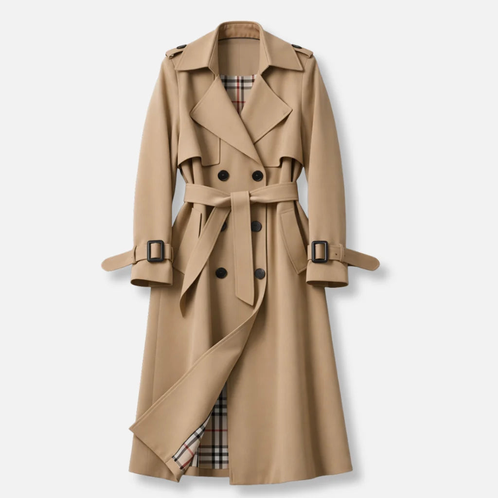 Double Breasted Trench Coat with Check Lining and Belt 0