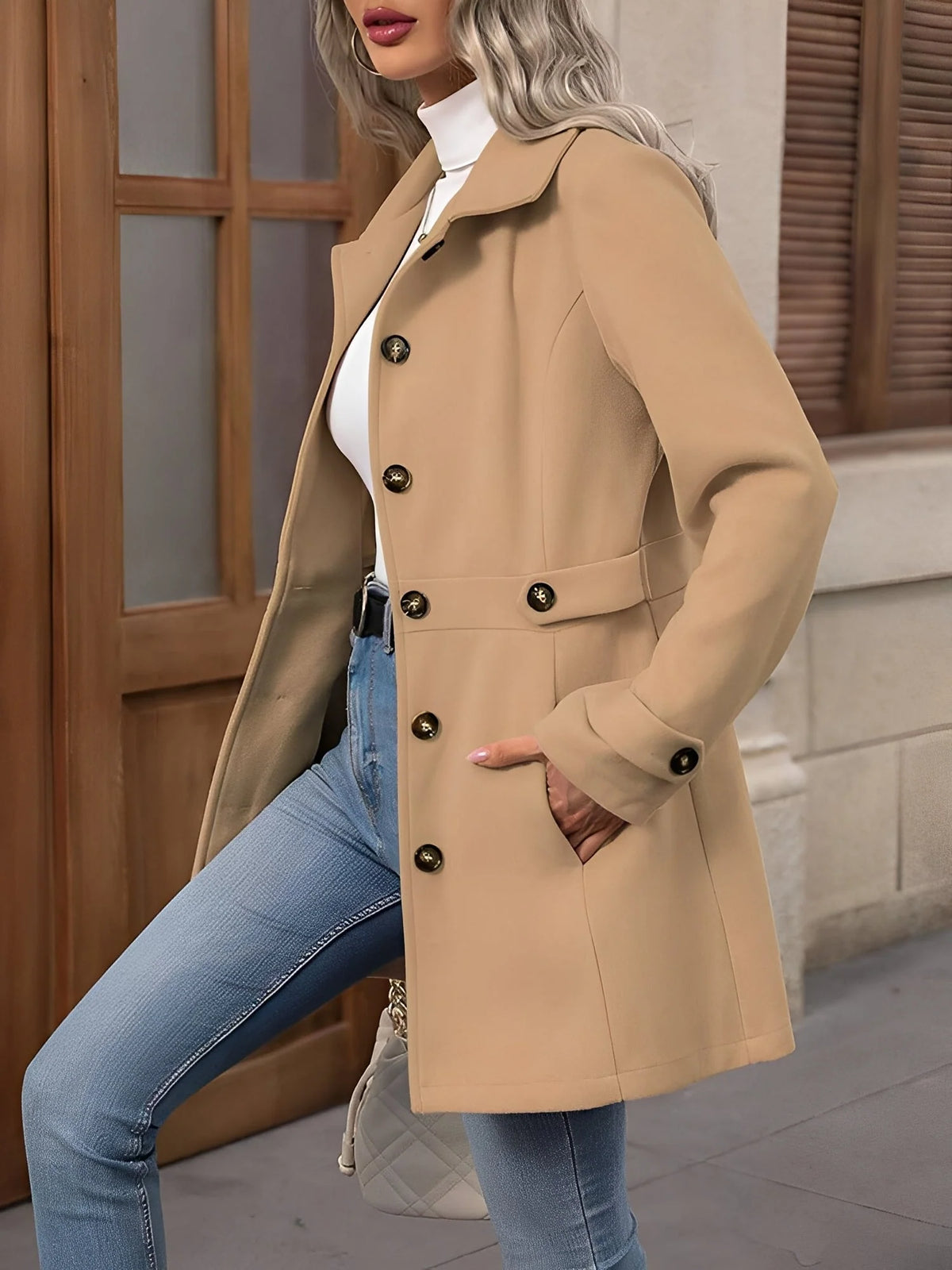 Double Breasted Trench Coat with Gold Button Detail 1