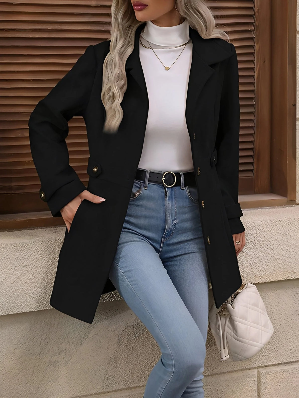 Double Breasted Trench Coat with Gold Button Detail 6