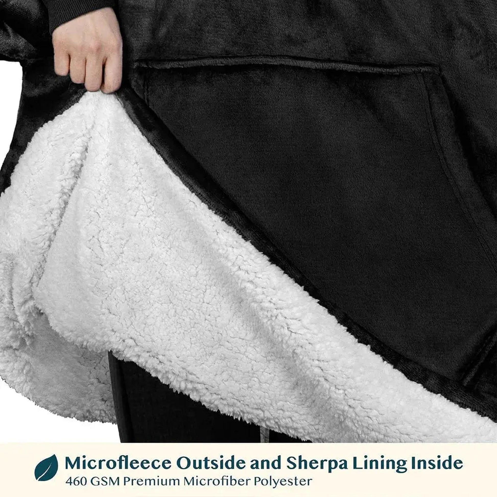 Black double fleece hooded jacket with soft white sherpa lining and a large front pocket.
