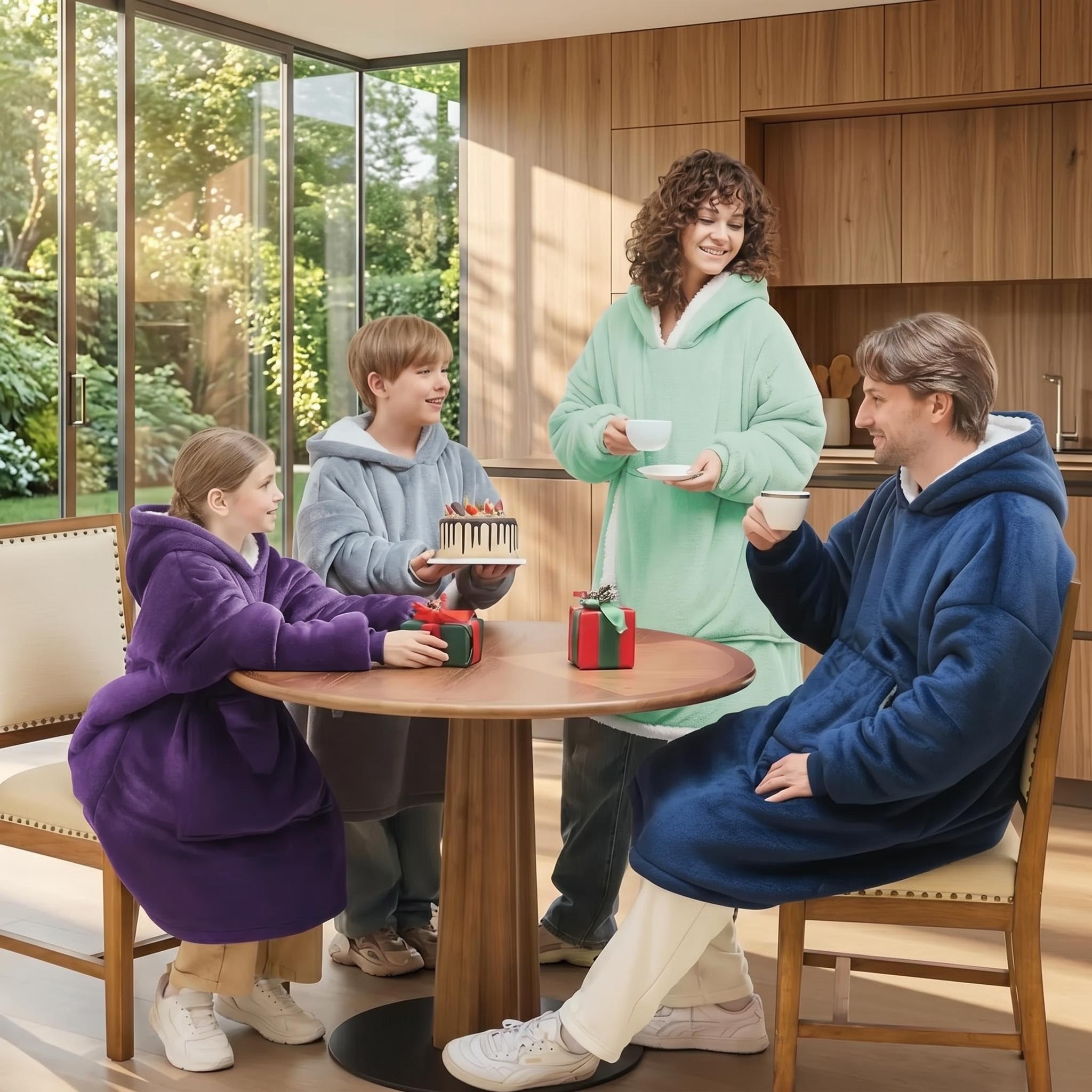 Family wearing cozy, oversized fleece hooded jackets in purple, grey, mint, and navy, gathered around a table.