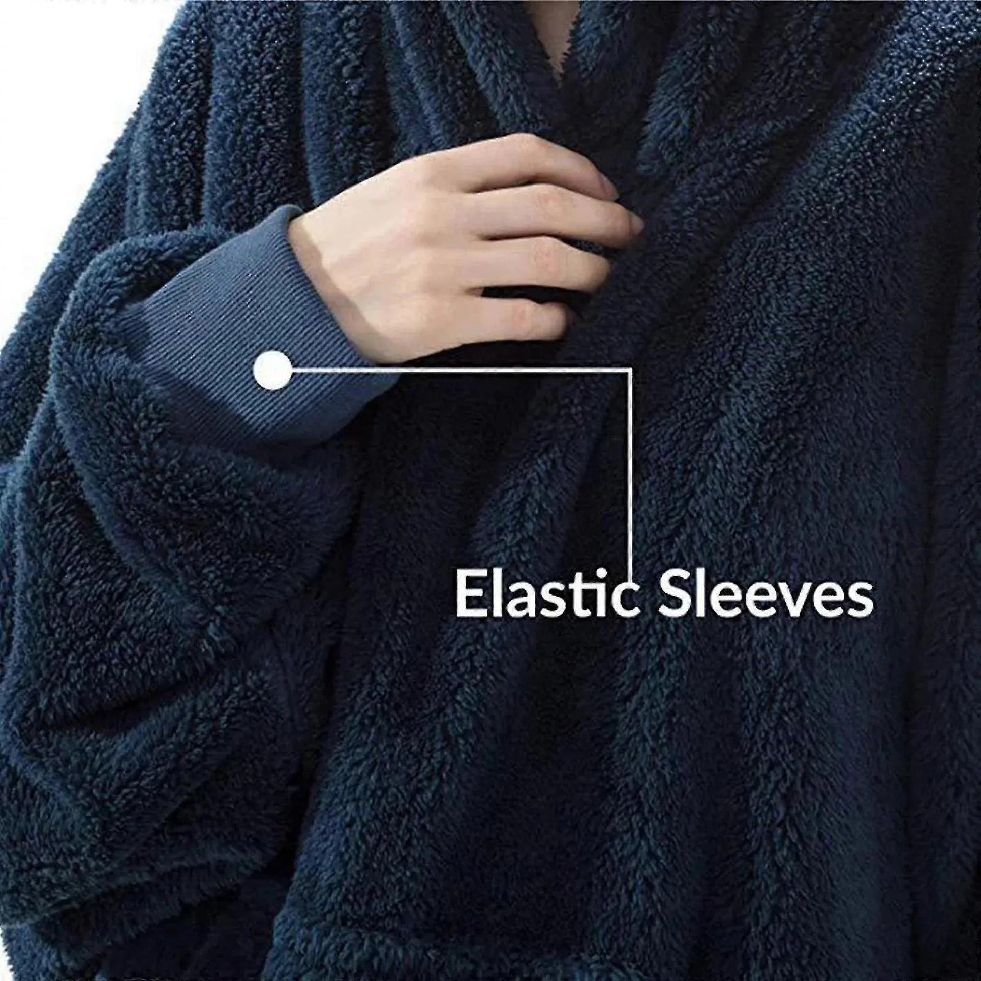 Close-up of a navy blue double fleece hooded jacket with elastic ribbed cuffs on the sleeves.
