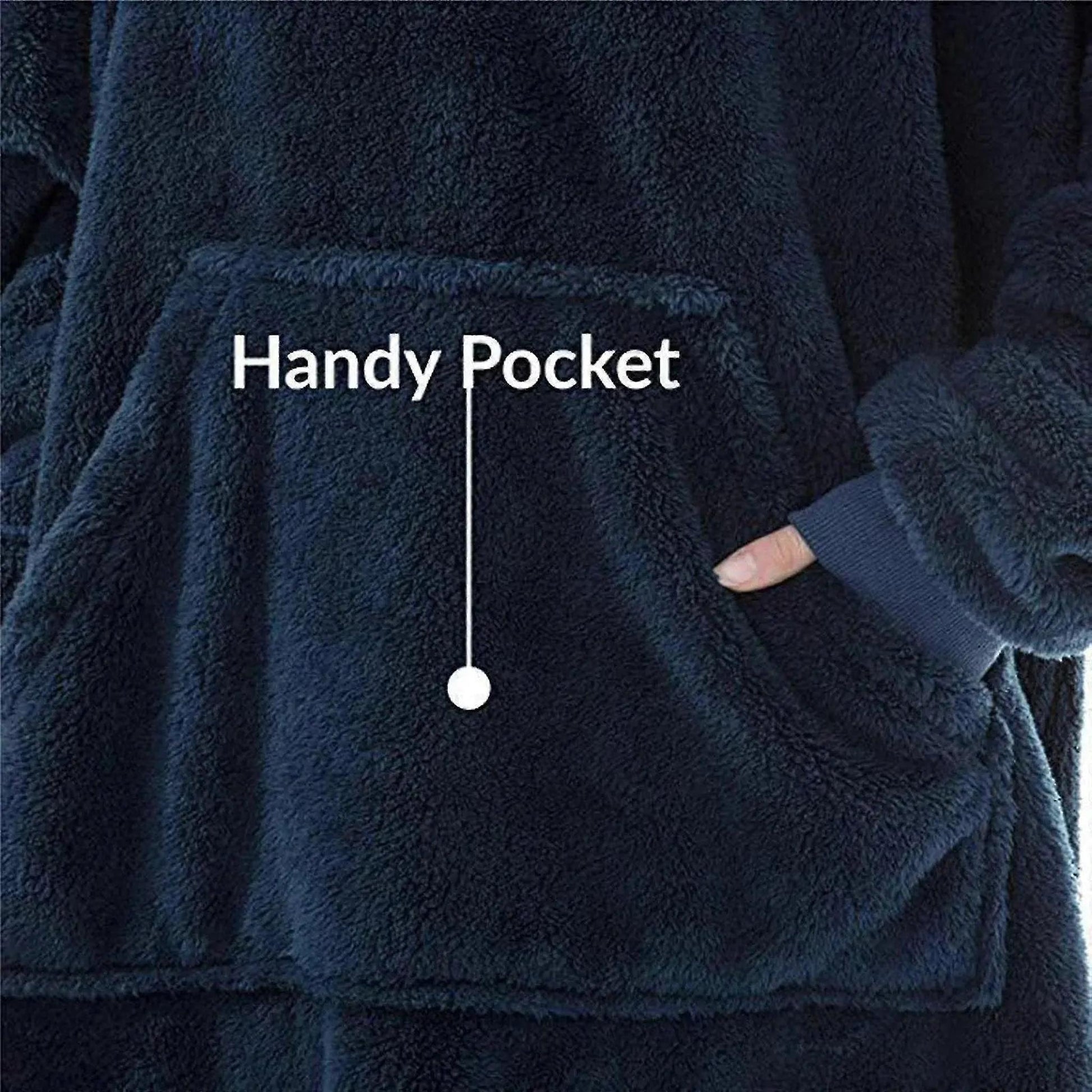 Dark blue double fleece hooded jacket with a large front kangaroo pocket and ribbed cuffs.